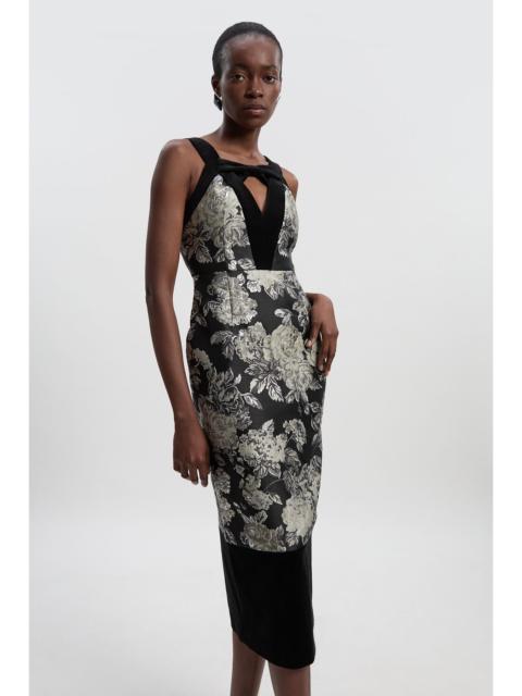 Velvet And Jacquard Contrast Strappy Tailored Midi Dress