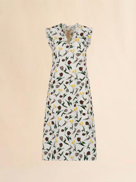 CREAM ENVERS SATIN DRESS WITH TULIPS AND HARES PRINT