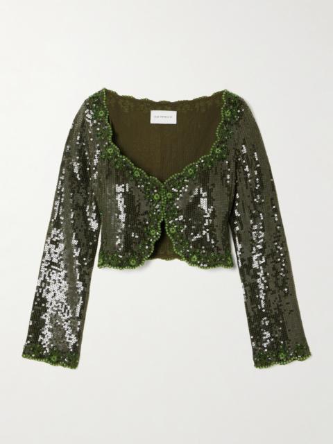 Olivine Cropped Scalloped Embellished Crepe Top