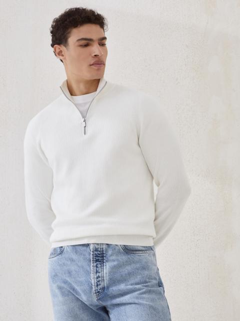 Cotton English rib sweater with half zip and raglan sleeves