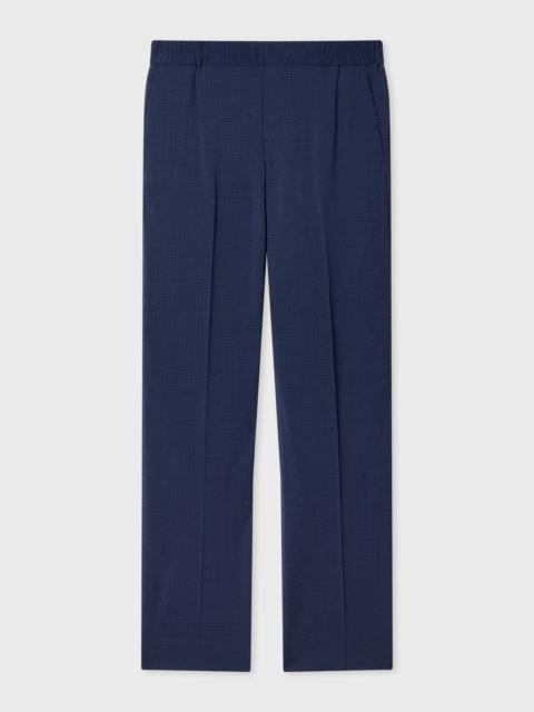 Navy Stretch-Wool Seersucker Check Elasticated-Waist Trousers