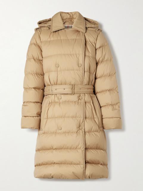 Belted double-breasted quilted shell down coat Sand