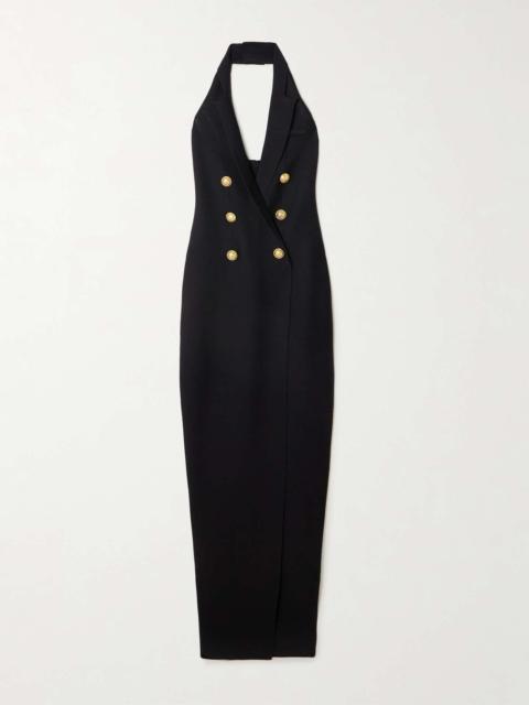 Button-embellished knitted halterneck maxi dress Black