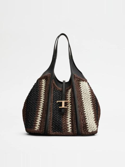 T TIMELESS SHOPPING BAG IN RAFFIA AND LEATHER MEDIUM - BLACK, BROWN, WHITE