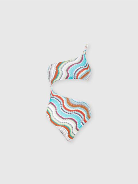 One-shoulder one-piece swimsuit with lamé wave motif and cut-out detail