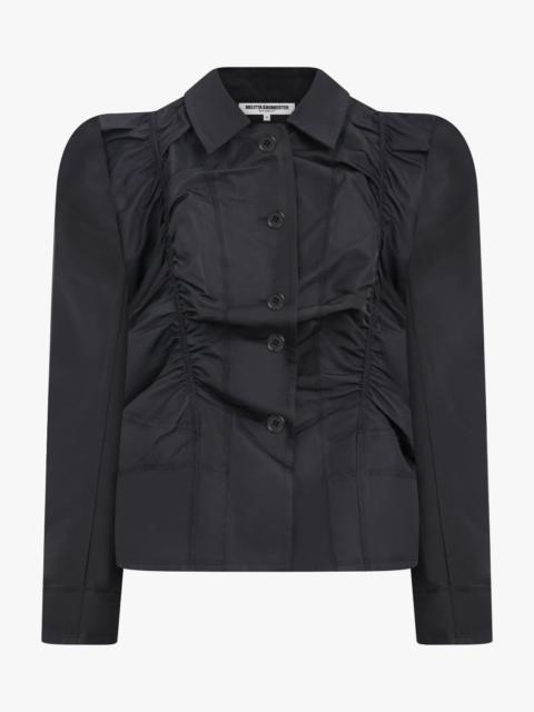 RUCHED FRONT PUFF SHOULDER JACKET | BLACK