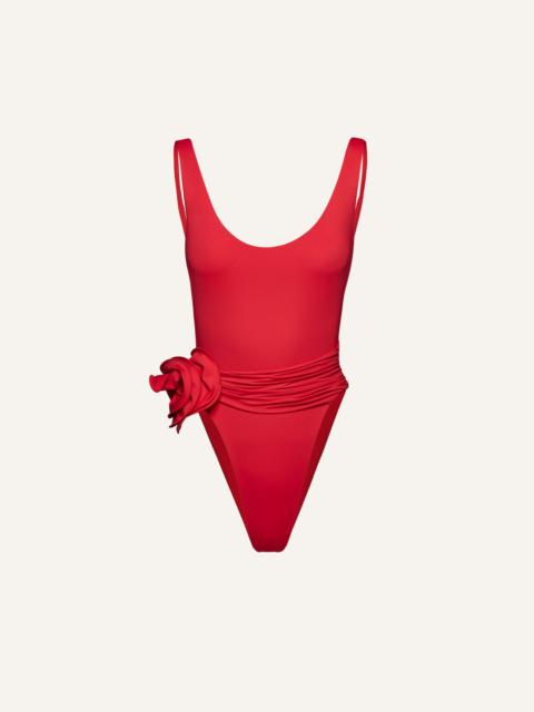 Flower scoop neck swimsuit in red