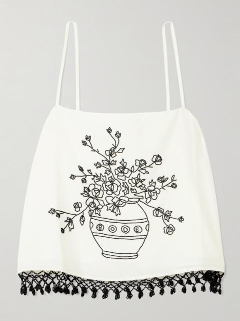 Rosebloom Cropped Bead-embellished Fringed Cotton And Silk-blend Top