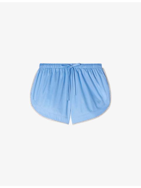 Beaded-Trim Elasticated-Waist Cotton Shorts