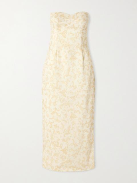 Isla Strapless Floral-print Linen And Silk-blend Midi Dress