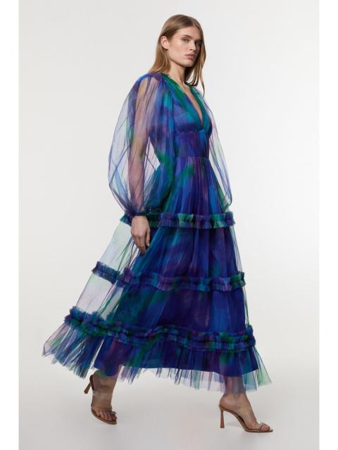 Dark Floral Tulle Plunge Balloon Sleeve Maxi Dress