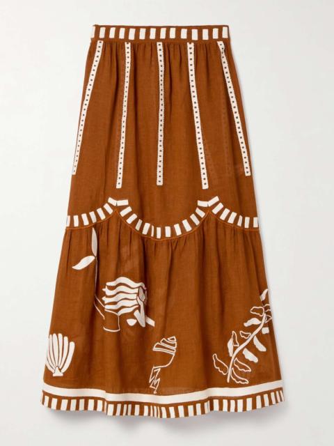 Mermaid Starfish tiered embroidered linen maxi skirt Brown