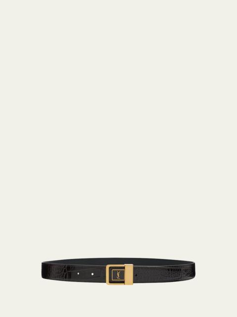 Croc-Embossed Leather Square Buckle Belt