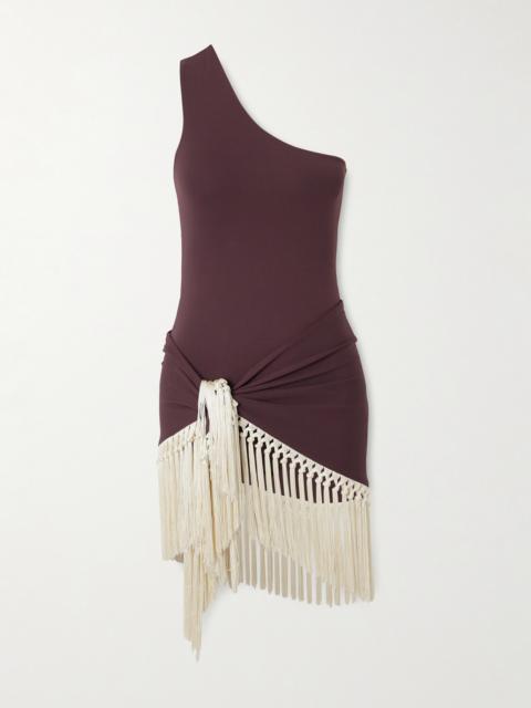 Yacare One-shoulder Swimsuit And Fringed Pareo Set