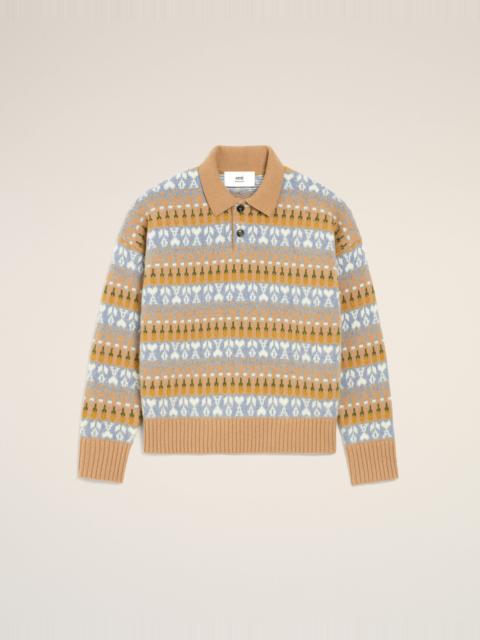 BROWN WOOL JACQUARD POLO SWEATER