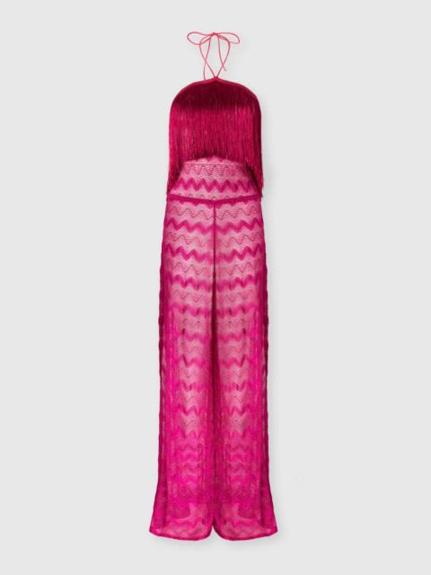 Zig zag lamé viscose jumpsuit with fringes