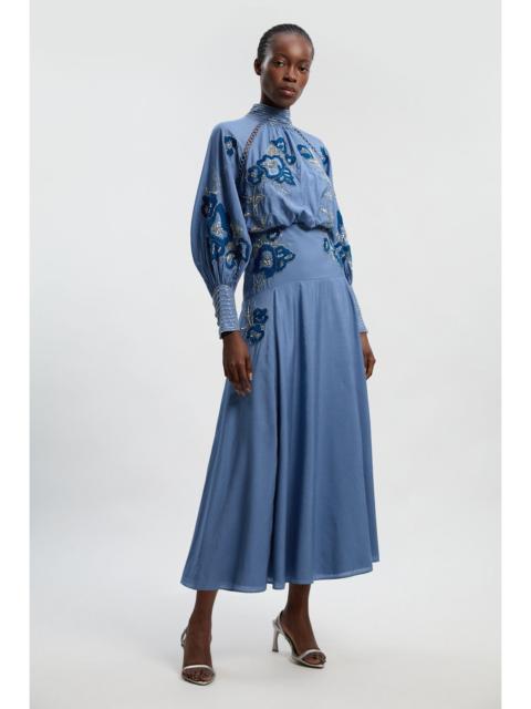 Balloon Sleeve Embroidered And Beaded Woven Maxi Dress