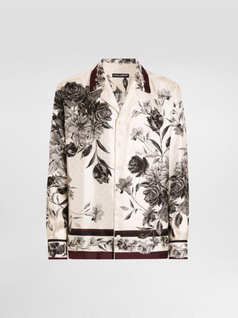 Flower bouquet-print twill shirt