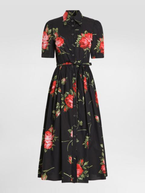 Rose bouquet-print poplin shirt dress