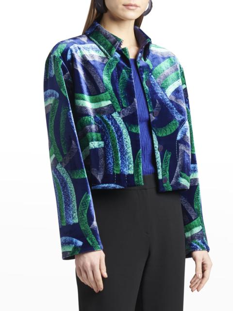 Abstract-Print Velvet Crop Jacket