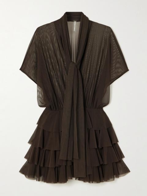 Lauren Tie-neck Ruffled Stretch-mesh Mini Dress