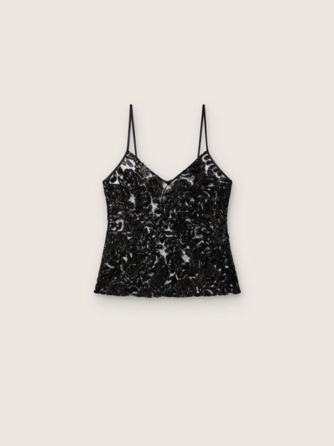 Women's top in black tulle with floral pattern in black sequins
