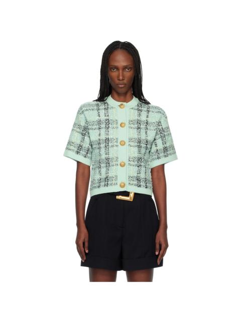 Green Buttoned Shiny Light Tweed Cardigan