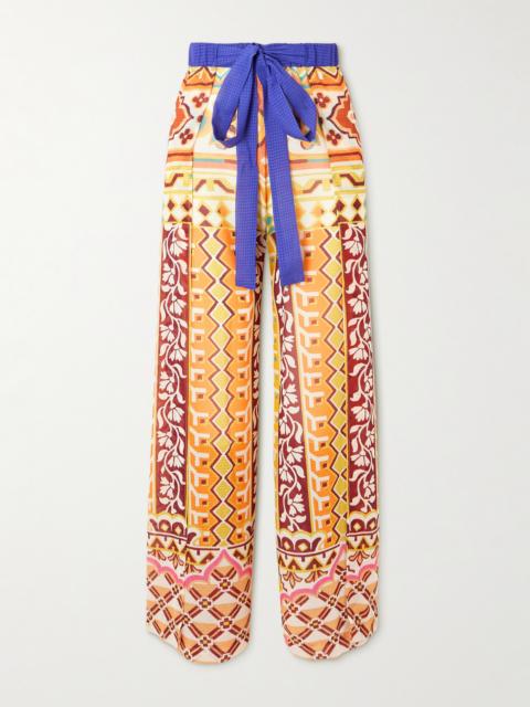 Belted Printed Satin-jacquard Wide-leg Pants