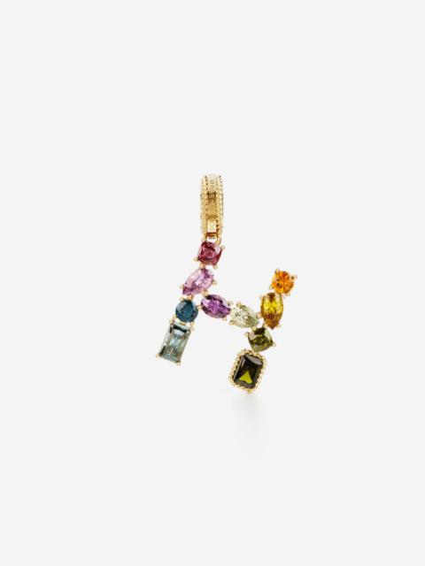 Rainbow alphabet H 18 kt yellow gold charm with multicolor fine gems