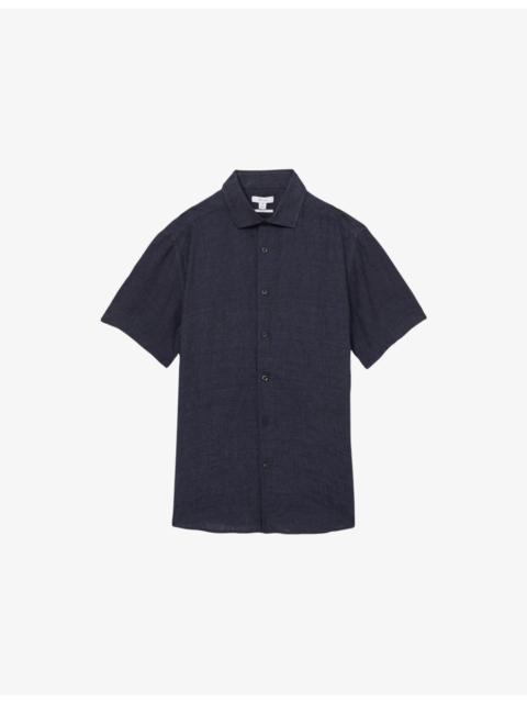 Holiday Square-Collar Short-Sleeve Linen Shirt