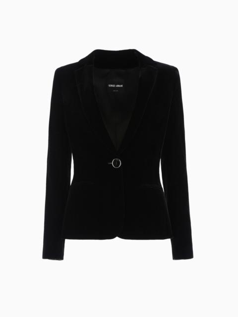 Single-breasted velvet jacket with jewel button detail