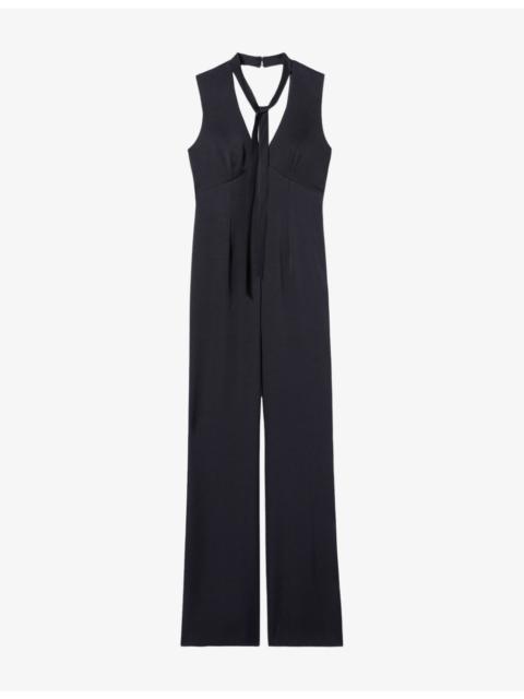 Tie-Neck Flared Satin Jumpsuit