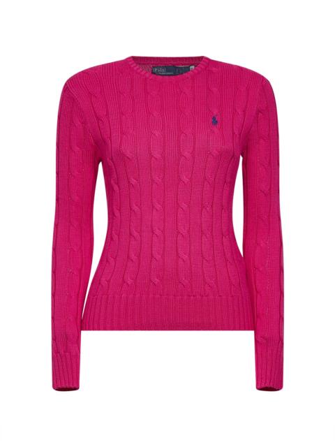 Accent pink cable-knit cotton crewneck sweater