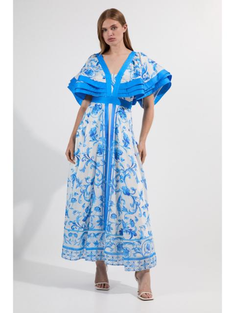 Petite Organdie Ruffle Sleeve Plunge Neck Floral Print Woven Maxi Dress