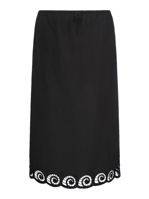 Scalloped Linen Midi Skirt black