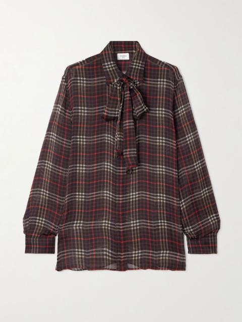 Pussy-bow checked silk-chiffon shirt Burgundy