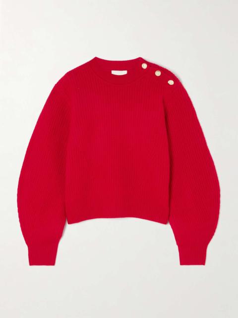 Nolly embellished ribbed-knit merino wool sweater Red