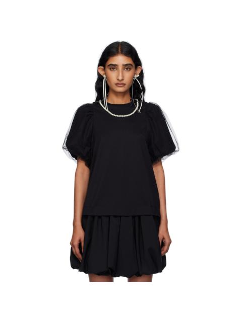 Black Embellished Tulle Overlay Puff Sleeve T-shirt