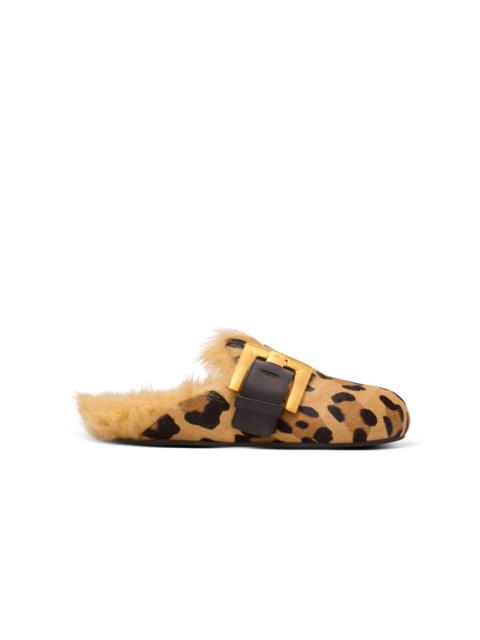 Anthem leopard print ponyskin leather and faux fur mules