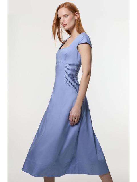 Premium Linen Pintuck Detail Full Skirted Tailored Midi Dress