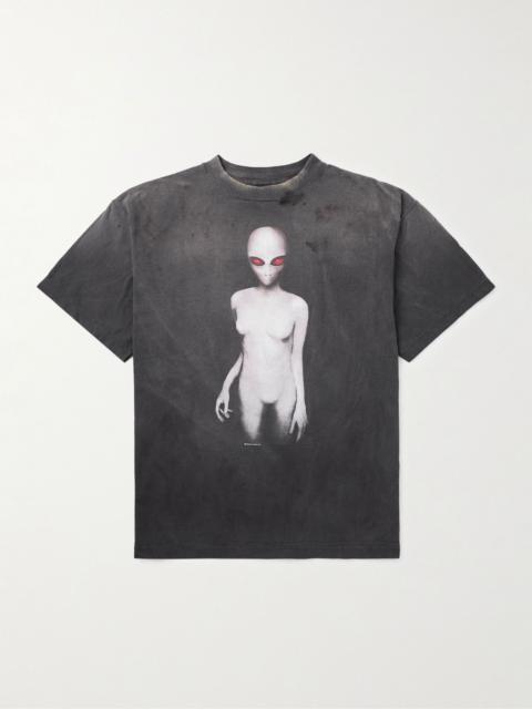 Distressed Printed Cotton-Jersey T-Shirt Black