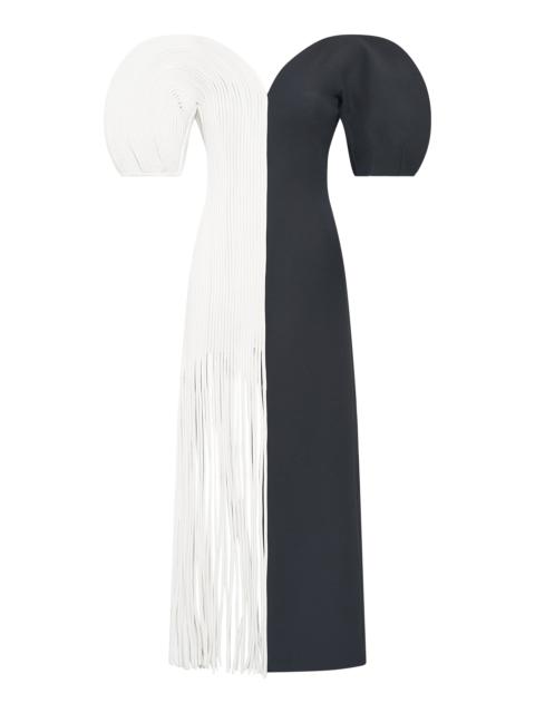 Lysander Fringe Midi Dress in Ivory Nappa Leather & Black Wool Silk Cady
