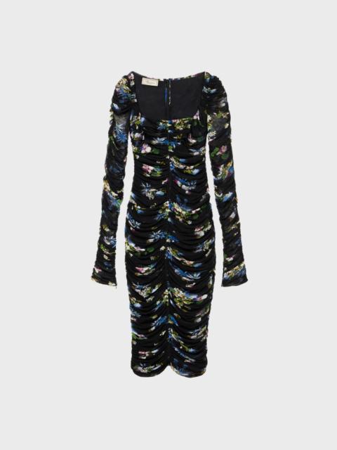 PRINTED TULLE MIDI DRESS WITH GATHERING