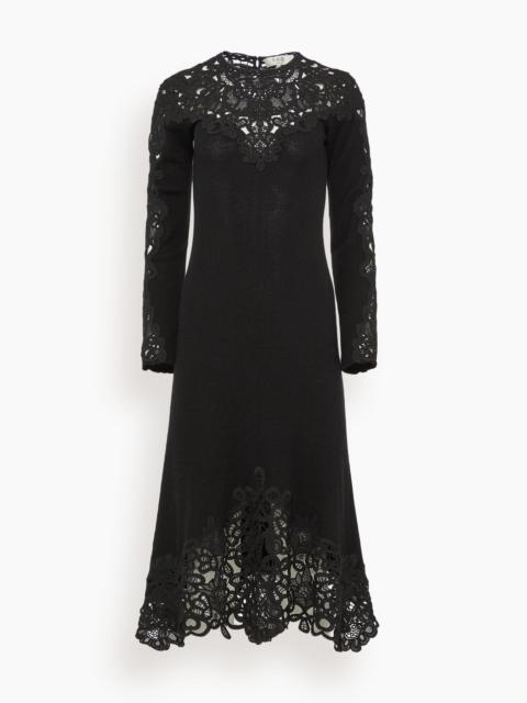 Adelina Battenberg Lace Long Sleeve Knit Midi Dress in Black