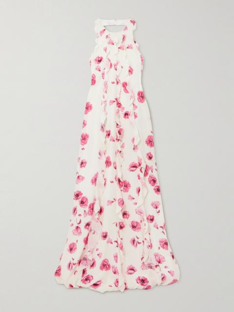 Fleurine Ruffled Floral-print Silk Crepe De Chine Halterneck Gown