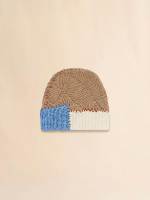 BROWN WOOL MIXED KNIT BEANIE WITH MARNI MENDING