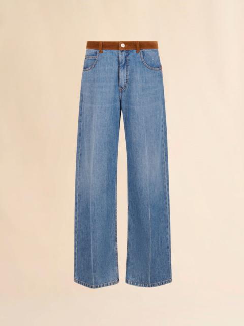 BLUE DENIM TROUSERS WITH VELVET WAISTBAND