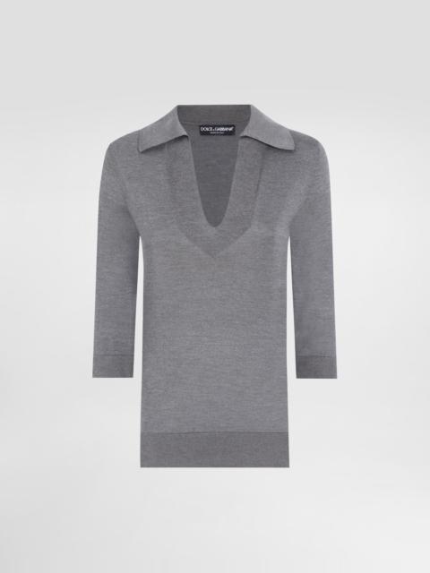 Silk V-neck polo-shirt with DG logo embroidery