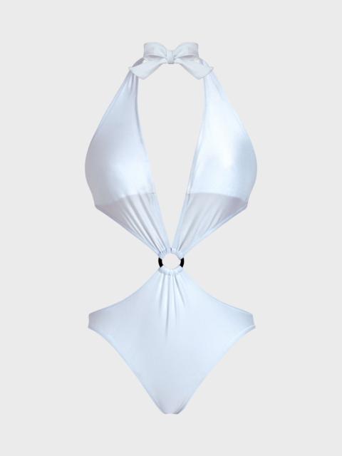 WOMEN SOLID STRETCH SHINY TRIKINI ONE-PIECE SWIMSUIT