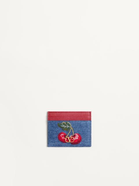 VLOGO SIGNATURE DENIM CARDHOLDER WITH CHERRYFIC EMBROIDERY